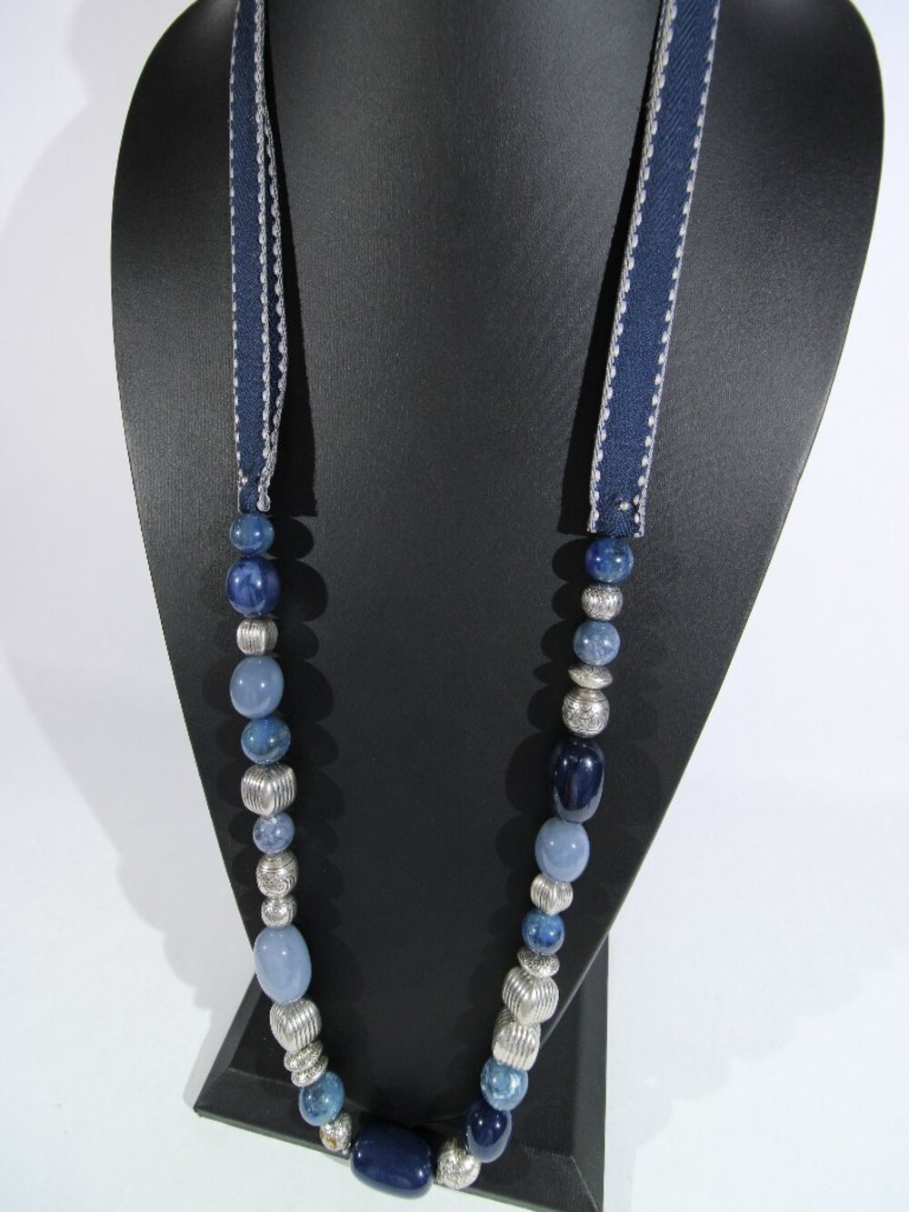 Chico's Statement Necklace w/ Blue Beads & Silver-Tone Accents on Blue Fabric